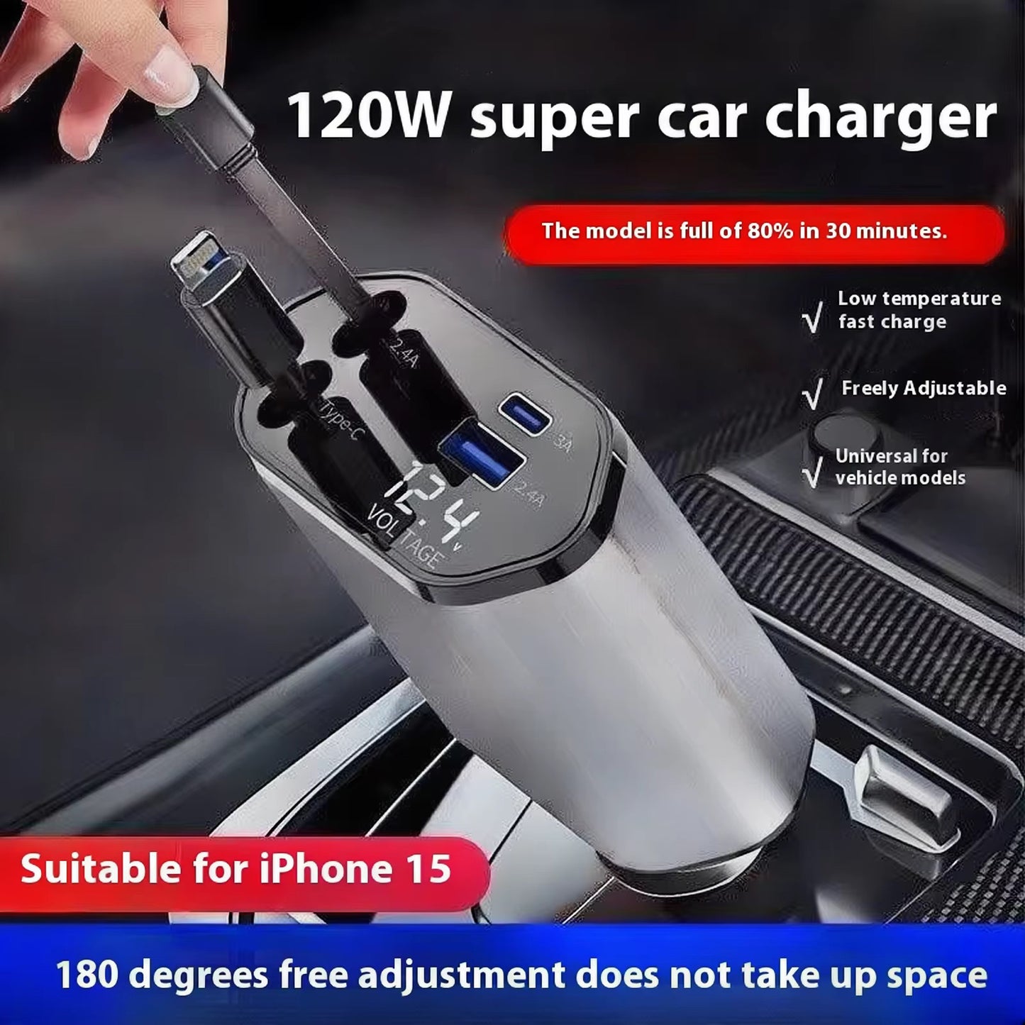 120W Retractable 4-1 Car Charger | Fast Charging for iPhone, Samsung & More