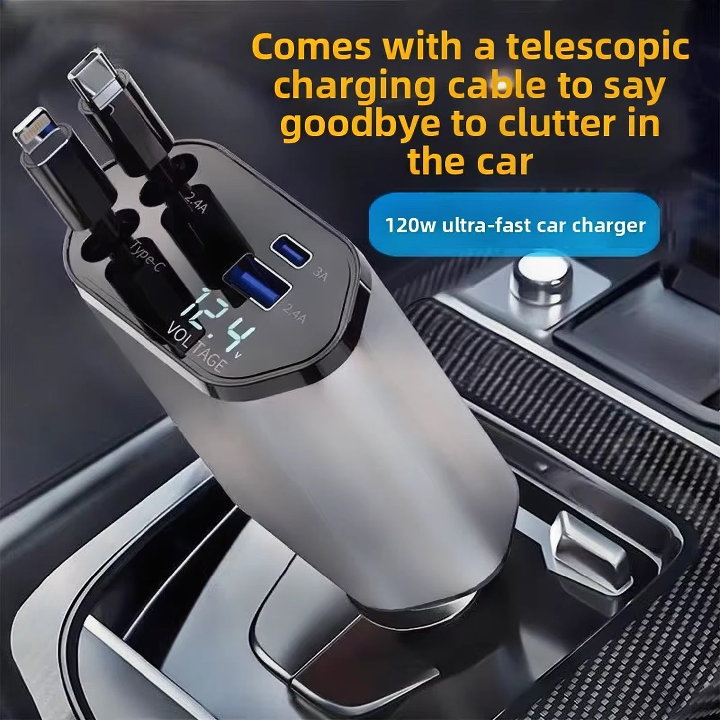 120W Retractable 4-1 Car Charger | Fast Charging for iPhone, Samsung & More