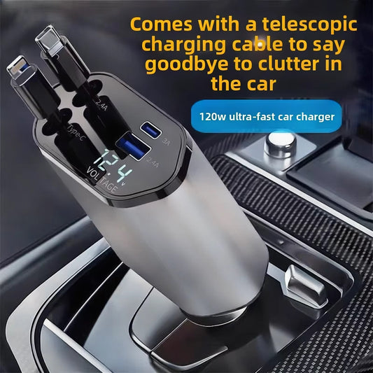 120W Retractable 4-1 Car Charger | Fast Charging for iPhone, Samsung & More